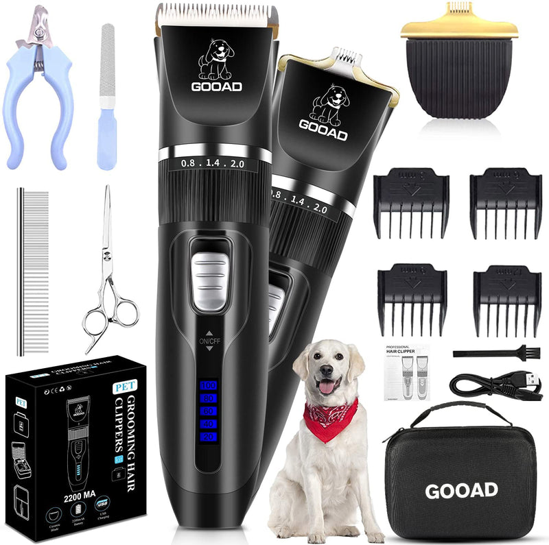 GOOAD 14 Pcs Dog Clippers Low Noise 2 in 1 with USB Rechargeable 2200MA Cordless Electric Quiet Pets Hair Trimmers Set,Dog Grooming Clippers Kits Shaver Shears Dog Nail Clippers - for Pets (Black) Black - PawsPlanet Australia