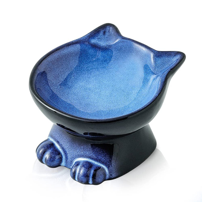 Nihow Slanted Elevated Cat Bowls: Ceramic Raised Cat Food Bowl for Protecting Pet's Spine - Microwave & Dishwasher Safe -Elegant Blue & Black (1 PC) 4.5 OZ - PawsPlanet Australia