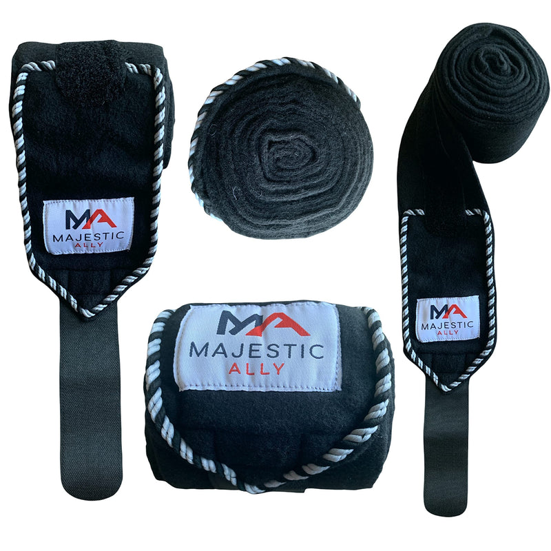 Majestic Ally Fleece Polo Leg Wraps with Braided Rope for Horses - Set of 4-5" X 10' Black - PawsPlanet Australia