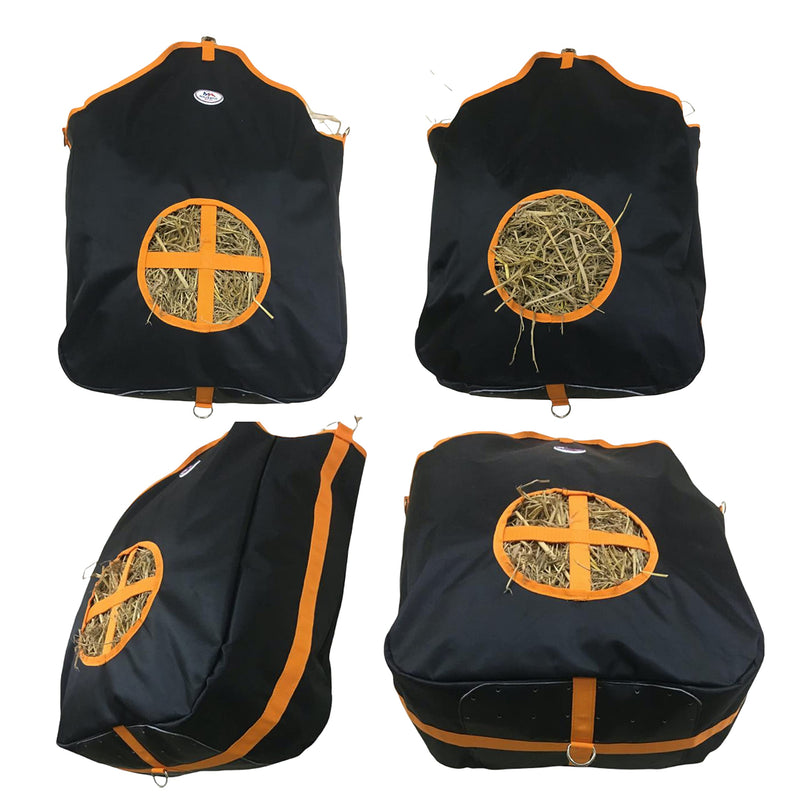 Majestic Ally Nylon Hay Feeder Tote Bag for Horse, Goat, Sheep - Double Sides Open Feed Hole with Faux Leather Ventilated Bottom- Premium Quality -Simulates Grazing - Reduces Waste BLACK - PawsPlanet Australia