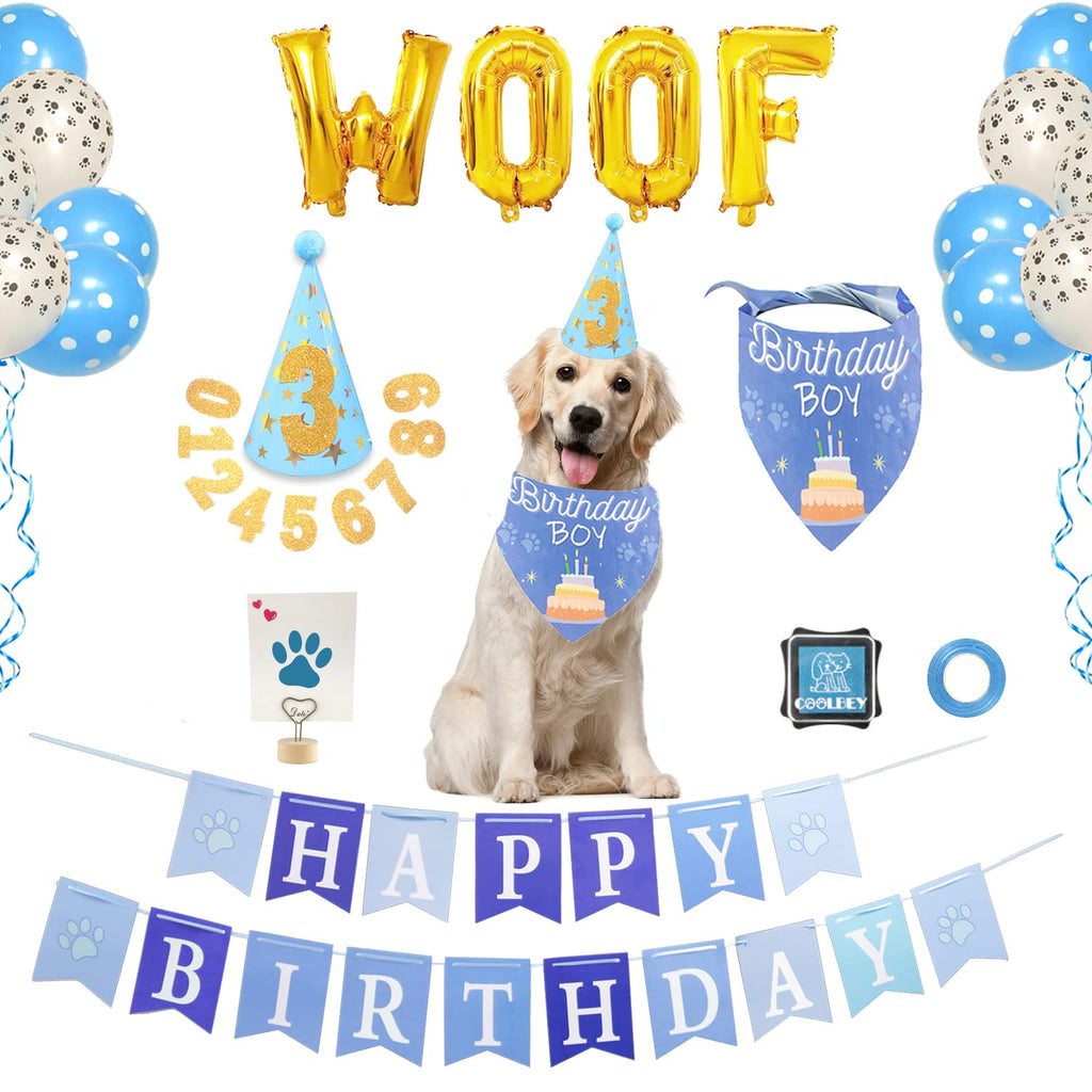 COOLBEY Dog Birthday Party Supplies,Dog Birthday Bandana/Hat/Balloon/Banner/Stamp/Number for Small Medium Pets Decorations Blue - PawsPlanet Australia