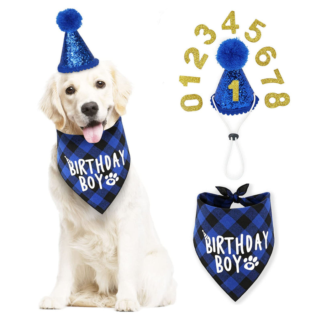Dog Birthday Bandana with Hat Set, Blue Plaid Check Neck Triangle Scarf, Great Gifts for Small Medium Large Dogs, Reusable Puppy Party Supplies with Figures 0-8 - PawsPlanet Australia
