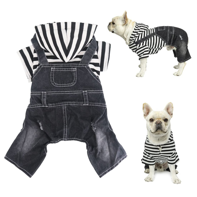 Companet Pet Clothes Pet Denim Dog Jeans Jumpsuit Overall Strip Hoodie Coat Small Medium Dogs Cats Classic Jacket Puppy Blue Vintage Washed X-Small Black - PawsPlanet Australia