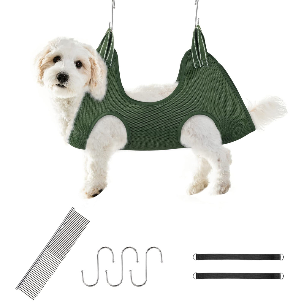 Pawaboo Pet Grooming Hammock, 7 in 1 Dog Grooming Harness, Breathable Restraint Bag Helper with S-Hooks and Comb, Dog Holder Grooming Sling for Trimming Nail Bathinng Washing Small Army Green - PawsPlanet Australia