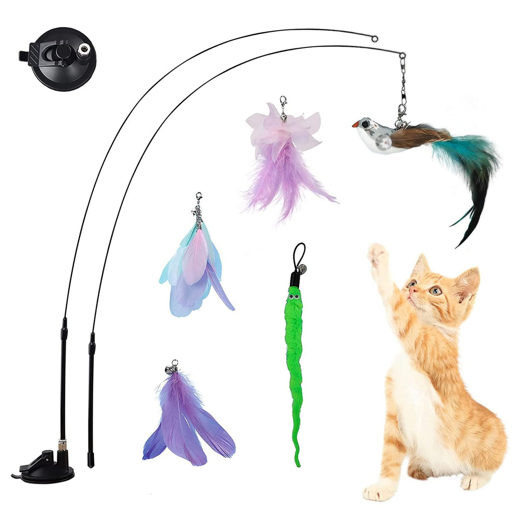 Jetczo Cat Feather Toys, Interactive Cat Toy with Super Suction Cup Detachable 5 PCS Feather Replacements with Bell, 2 Wand Cat Spring Feather Toys for Indoor Cats Kitten Play Chase Exercise Set 1 - PawsPlanet Australia