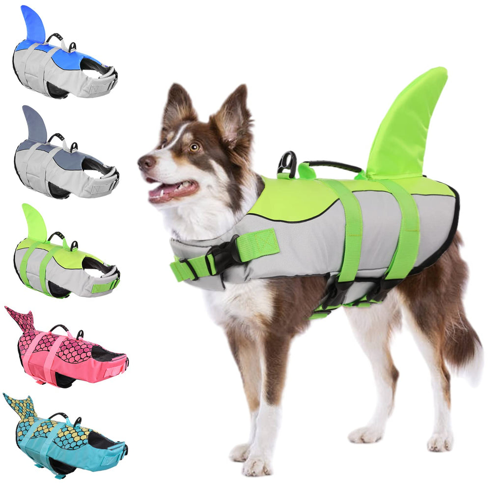 KOESON Dog Life Jacket, Dog Life Vest for Small, Medium & Large Breeds Pet Float Coat for Boating/Swimming, Reflective Swimming Safety Vest with Rescue Handle X-Small Green Shark - PawsPlanet Australia