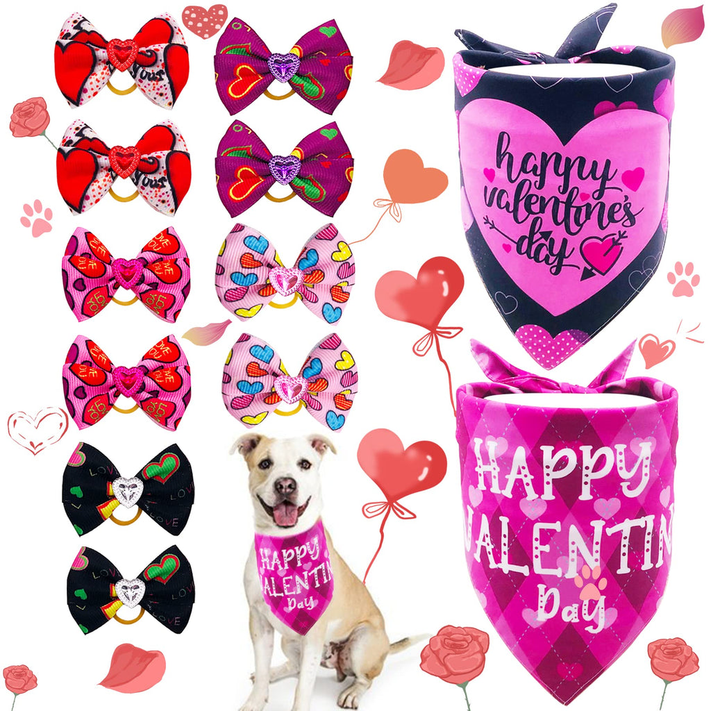 JpGdn 2PCS/Pack Valentine's Day Dog Bandanas with 5 Pairs Small Dog Hair Bows with Rubber Band Red Pink Heart Design Valentine for Girl Pet Puppy Doggy Cat Grooming Accessories Attachment - PawsPlanet Australia