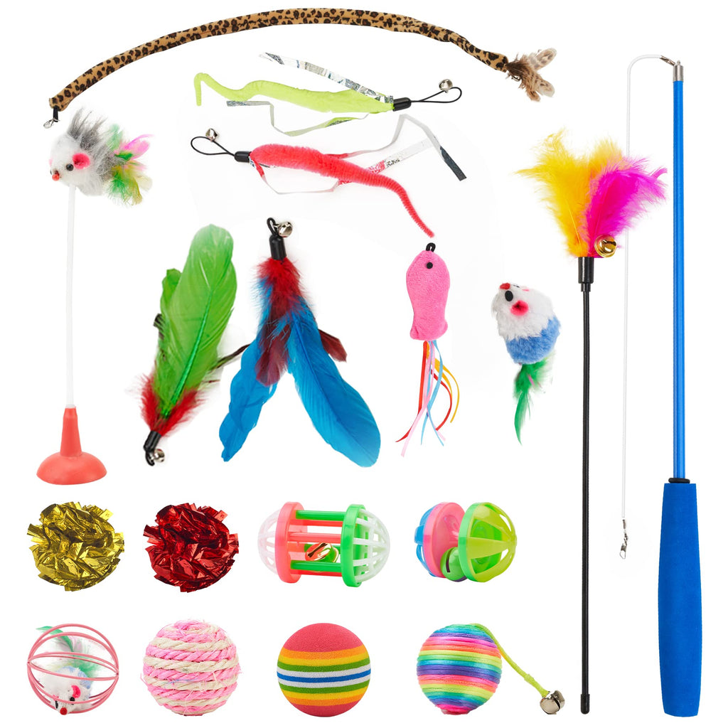 blu&ben 18PCS Cat Toys Interactive Cat Feather Toys Variety Cat Toys for Indoor Cats Including Cat Wand Feather Worms Refills and Other Small Toys group 1 - PawsPlanet Australia