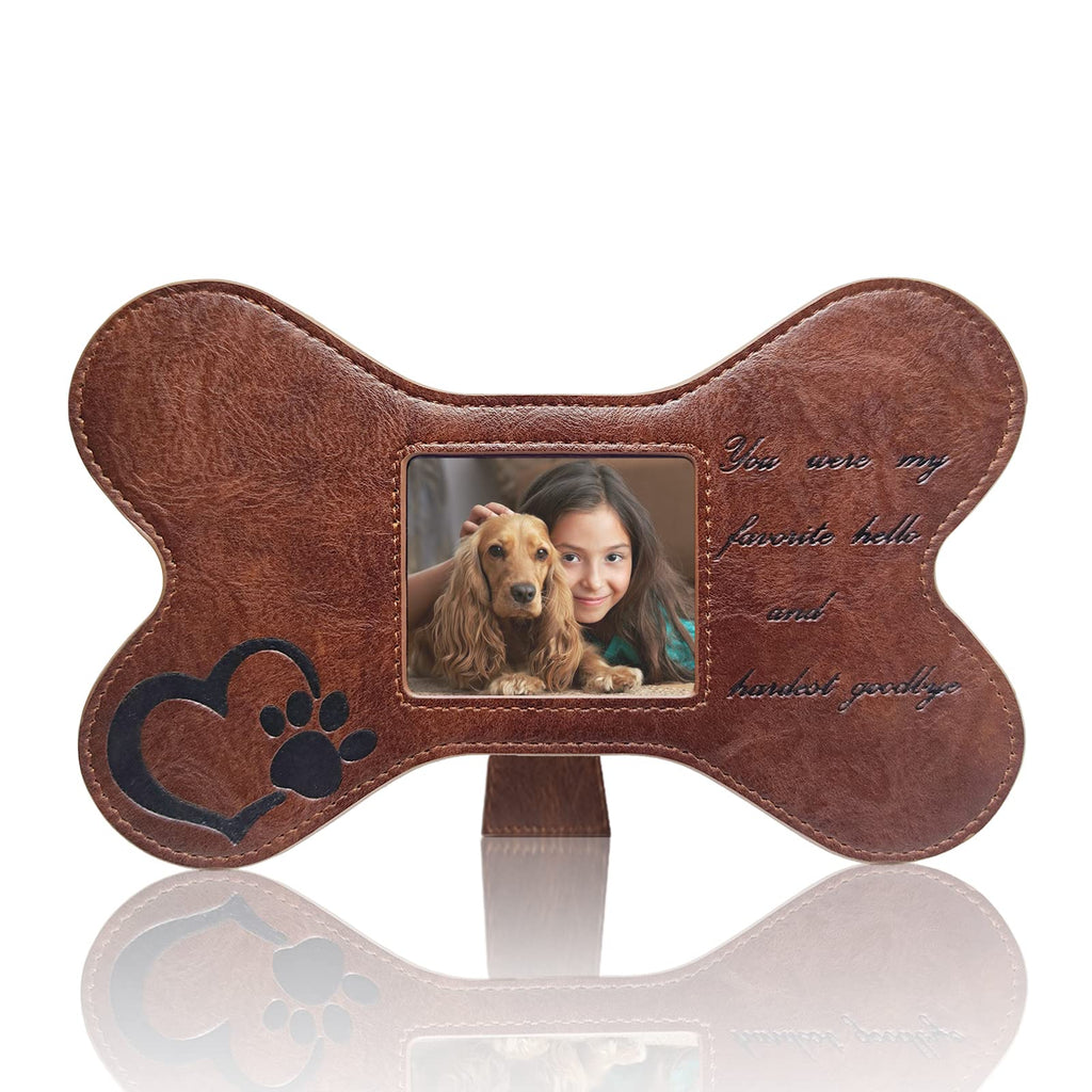 Amzlion Pet Memorial Picture Frame, Bones Shaped Dog Picture Frame and Dog Memorial Gifts, Leather Dog Memorial Picture Frame, Pet Loss Gifts with a Heart and Paw Print, Sympathy for Loss of Dog Gifts - PawsPlanet Australia
