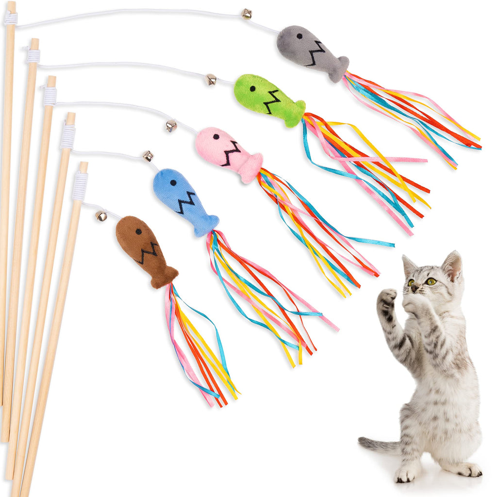 JXFUKAL 5PCS Cat Wand Toys, Interactive Cat Toys with Catnip Fish, Colorful Ribbons & Bell for Kitty Kitten, Cat Toys for Indoor Cats Cat Teaser Cat String Toy Cat Accessories - PawsPlanet Australia