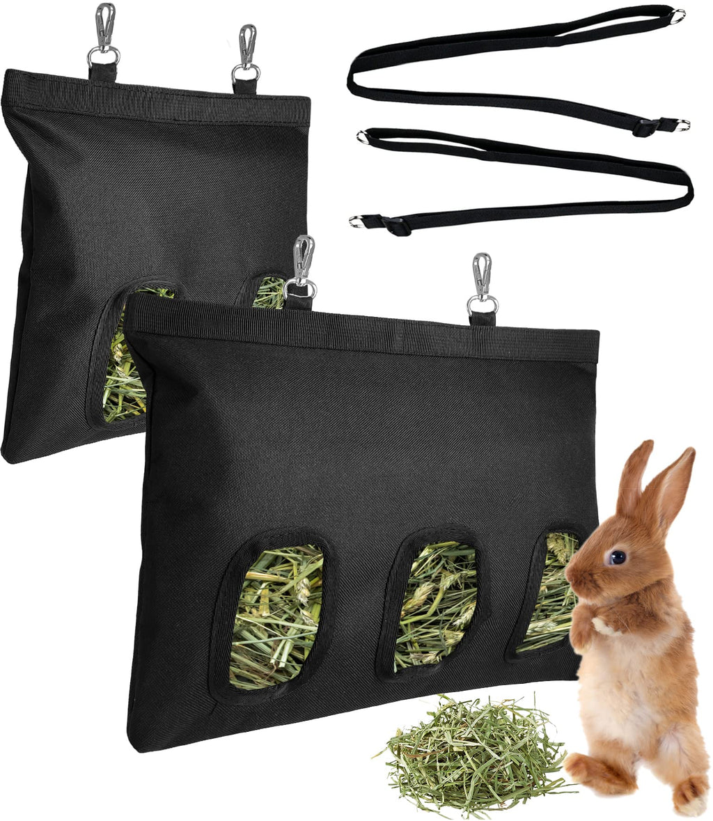 Rabbit Hay Feeder Bag, Hay Holder Storage for Rabbit Guinea Pig Bunny, Black Hanging Feeding Hay 600D Oxford Cloth Fabric 2 Pcs (2 Holes+3 Holes) - PawsPlanet Australia