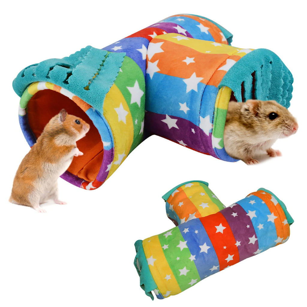 Guinea Pig Tunnel-HOMEYA Guinea Pig Hideout,Collapsible 3 Way Hamster Play Tubes with Fleece Forest Curtain,Small Animal Pet Toys and Cage Accessories for Rabbit Bunny Ferret Rat Hedgehog 3 Way Rainbow - PawsPlanet Australia