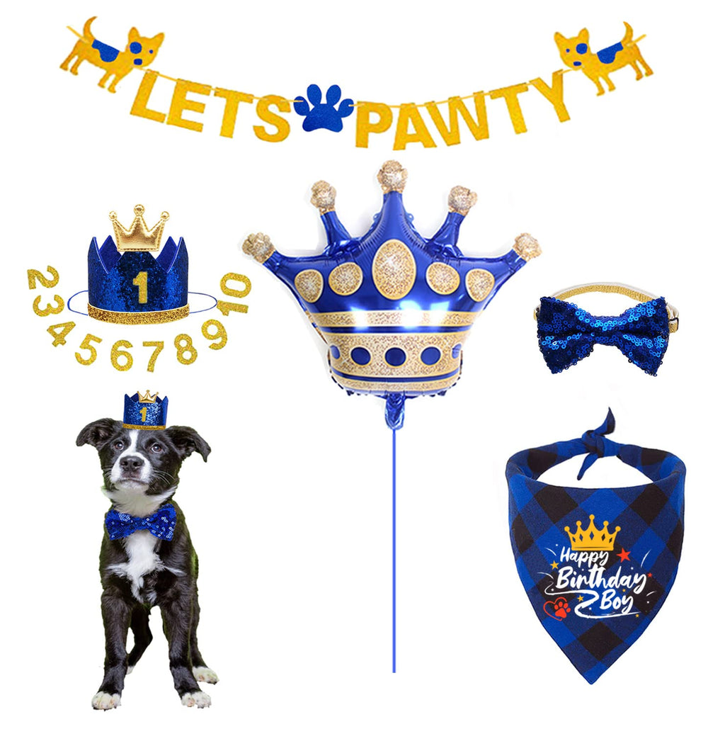 IDOLPET Dog Boy Birthday Party Supplies, Dog Birthday Bandana Scarf Bling Bling Cute Dog Bowtie Dog Party Crown Hat Banner Big Crown Shape Balloon for Small Medium Dogs Pets Puppies Blue - PawsPlanet Australia