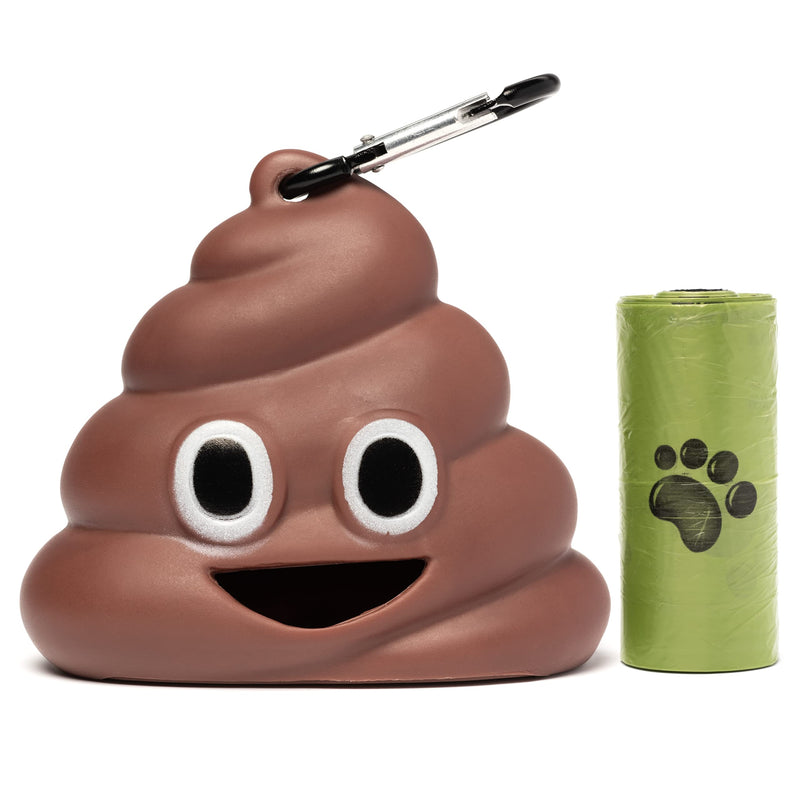 Silicone Poop Emoji Dog Poop Bag Holder/Dispenser with Carabiner Clip for Hands-Free use and roll of Perforated Waste Bags Included Inside Dispenser (Comes Fully Assembled) - PawsPlanet Australia