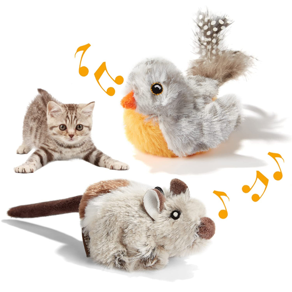 Gefryco Interactive Cat Toys for Indoor Cats Plush Puzzle Chirp Bird and Squeak Mouse Toy Kitten Chase and Exercise - PawsPlanet Australia
