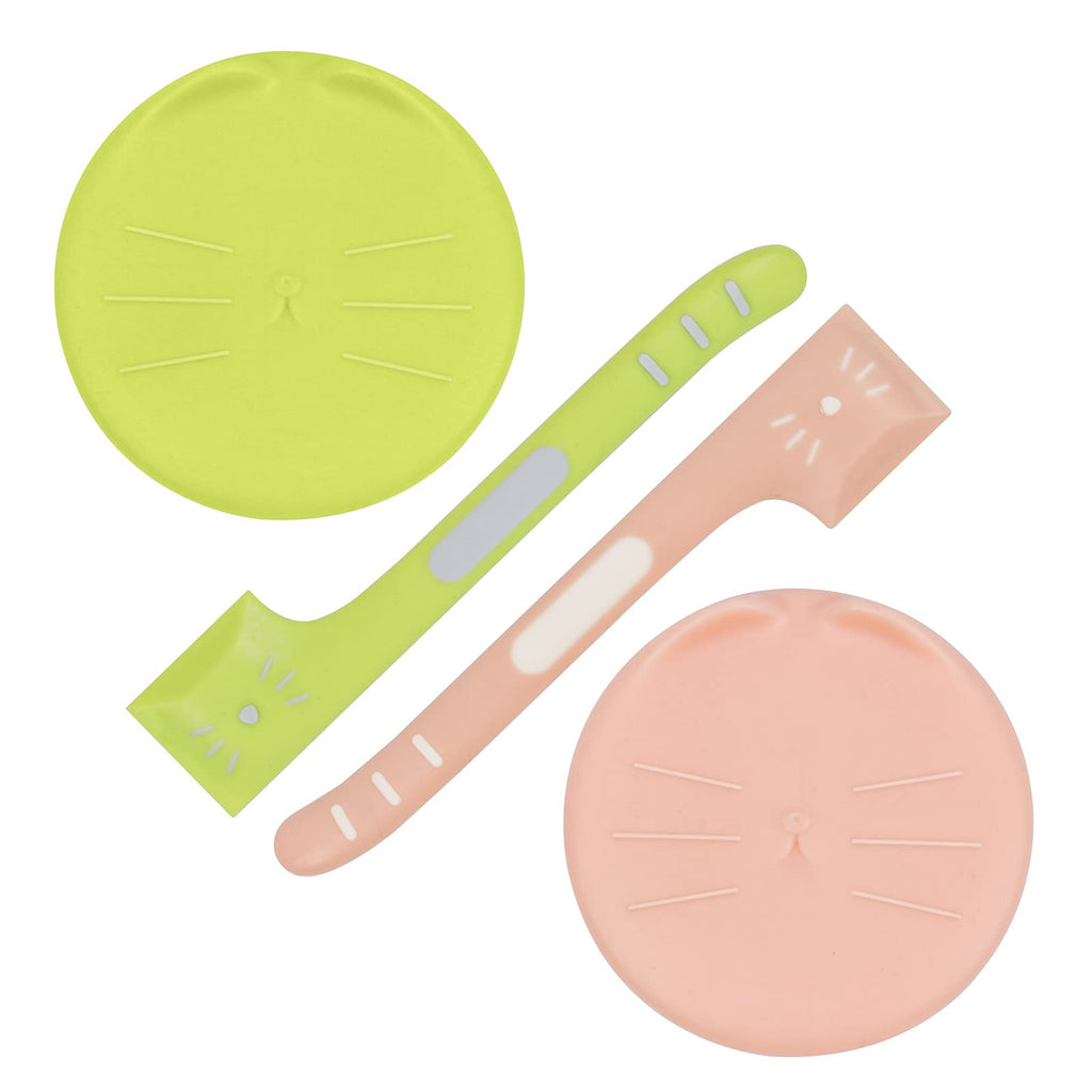 Dog Cat Can Covers and Spoons Set,2Pack Cute Cat Shaped Lids with Right Angle Spoons Universal 1 Fit 3 Size Can Lids Pet Food Can Tops,Green and Pink - PawsPlanet Australia
