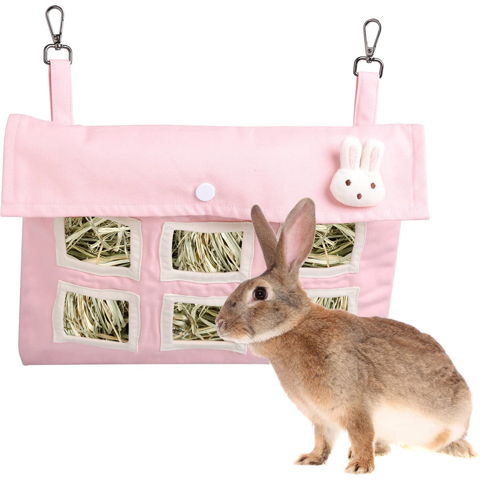 Rabbit Hay Feeder Bag, Large Size Hanging Feeding Sack for Cage with Thicken Cloth, Cotton Canvas Hay Feeder Storage with 6 Holes for Bunny Guinea Pig Chinchilla Hamster Small Pets Animals Pink - PawsPlanet Australia