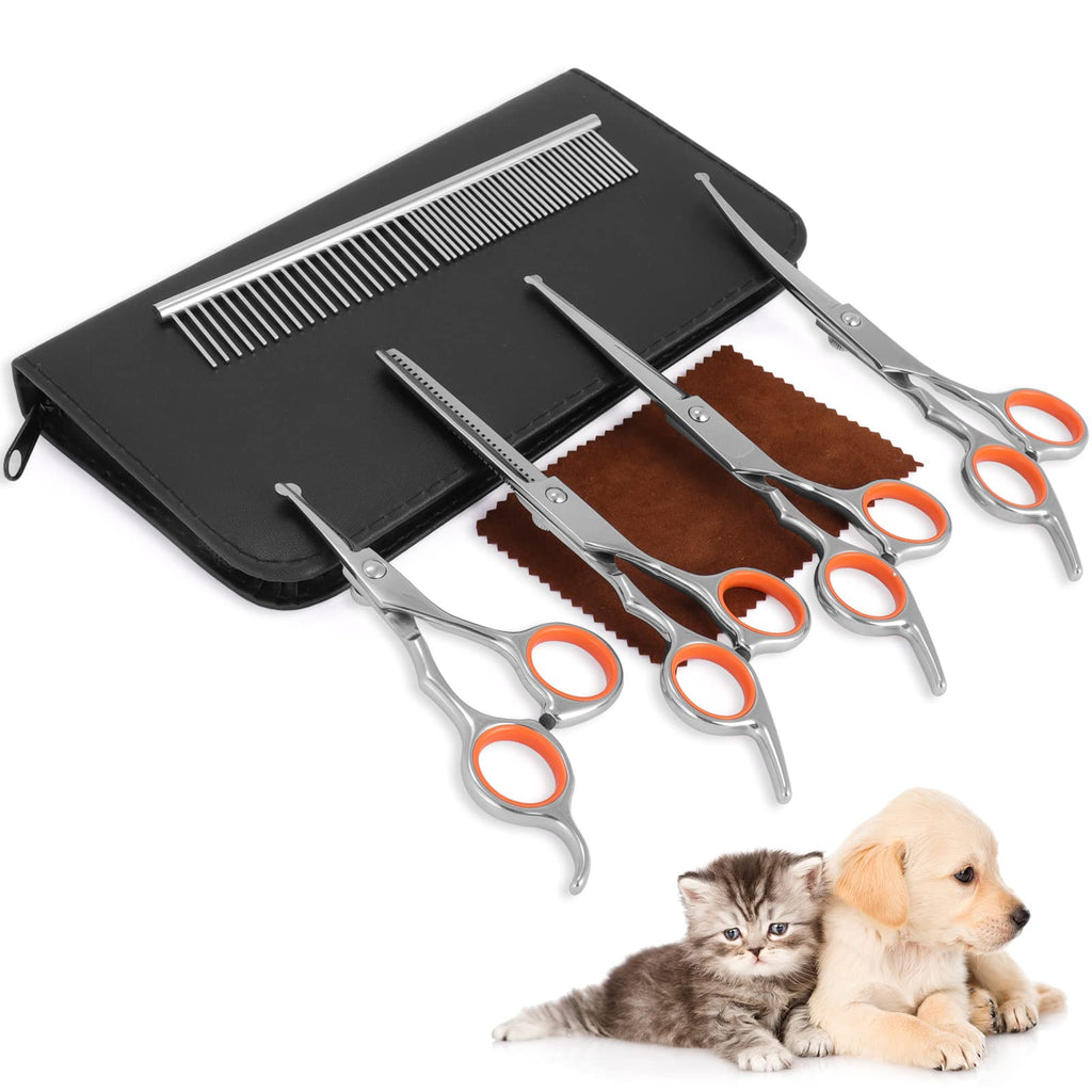 6Pcs Pet Grooming Scissors, Stainless Steel Round Tip Dogs&Cats Grooming Scissor, Puppy Cutting Scissors Kit with Thinning, Straight, Curved Shears and Comb for Long or Short Hair Pets (Orange) Orange - PawsPlanet Australia