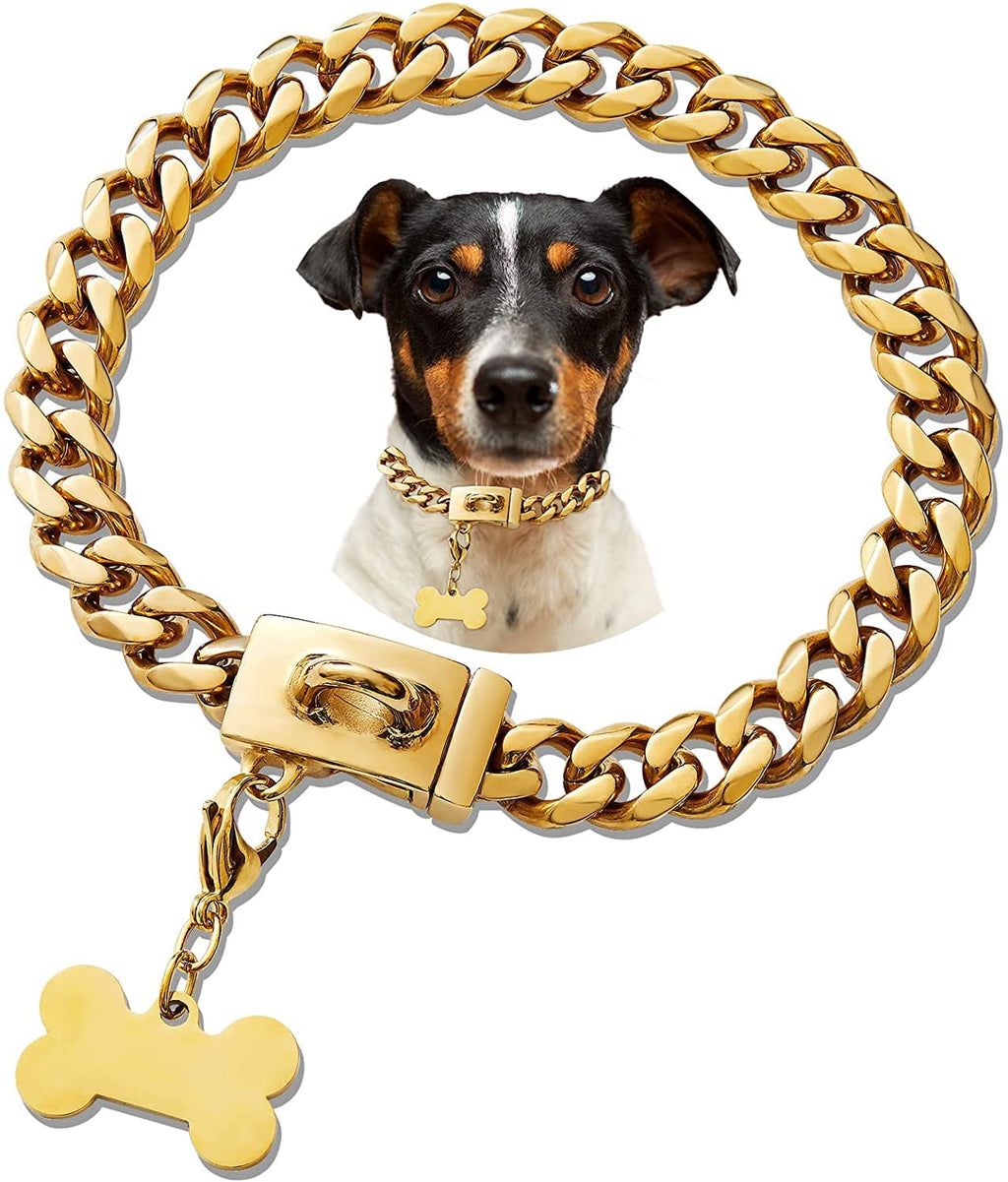 Strong Metal Dog Collars with Safety Buckle, 14mm Wide 316L Stainless Steel Cuban Link Chain Training Dog Collar Necklace for Small Medium Large Dogs Gold-1 10MM-12IN - PawsPlanet Australia