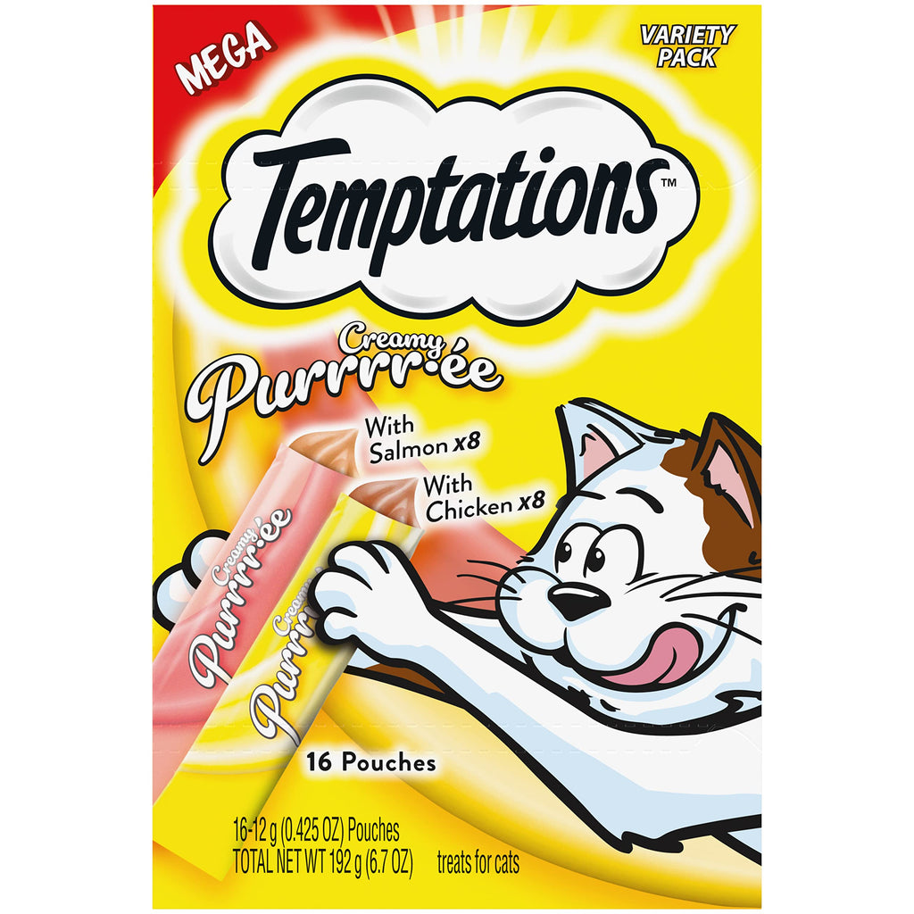 TEMPTATIONS Creamy Puree Salmon and Chicken Lickable Cat Treats Variety Pack, (16) 12g Pouches 0.425 Ounce (Pack of 16) Other - PawsPlanet Australia
