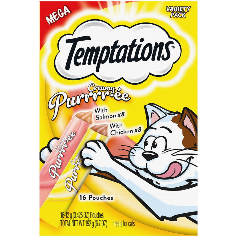 TEMPTATIONS Creamy Puree Salmon and Chicken Lickable Cat Treats Variety Pack, (16) 12g Pouches 0.425 Ounce (Pack of 16) Other - PawsPlanet Australia