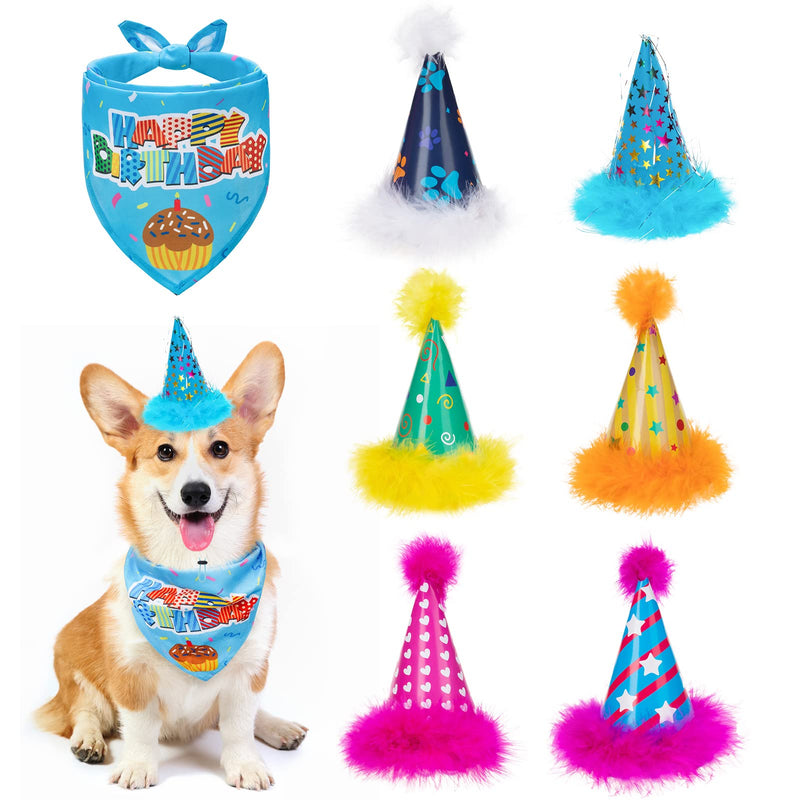 PUPTECK Dog Birthday Party Hats - 6 Pack Dog Birthday Hats with Various Pattern Footprint Stars and Blue Bandana Scarf with Letter Print Birthday Party for Puppies Small Dogs - PawsPlanet Australia