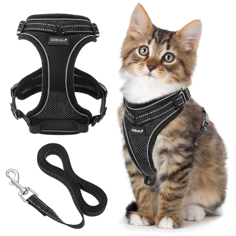 SCIROKKO Black Cat Harness and Leash Set - Soft Breathable Mesh Pet Vest Harness, Adjustable Escape Proof Kitty Strap with Reflective Tape for Walking Outdoors Safety at Night Small - PawsPlanet Australia