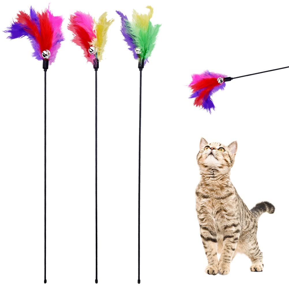 Interactive Cat Wand Toys, 3 PCS Colorful Cat Feather Toys with Bell - 25" Long Extended Teaser Wand for Cat and Kitten - PawsPlanet Australia