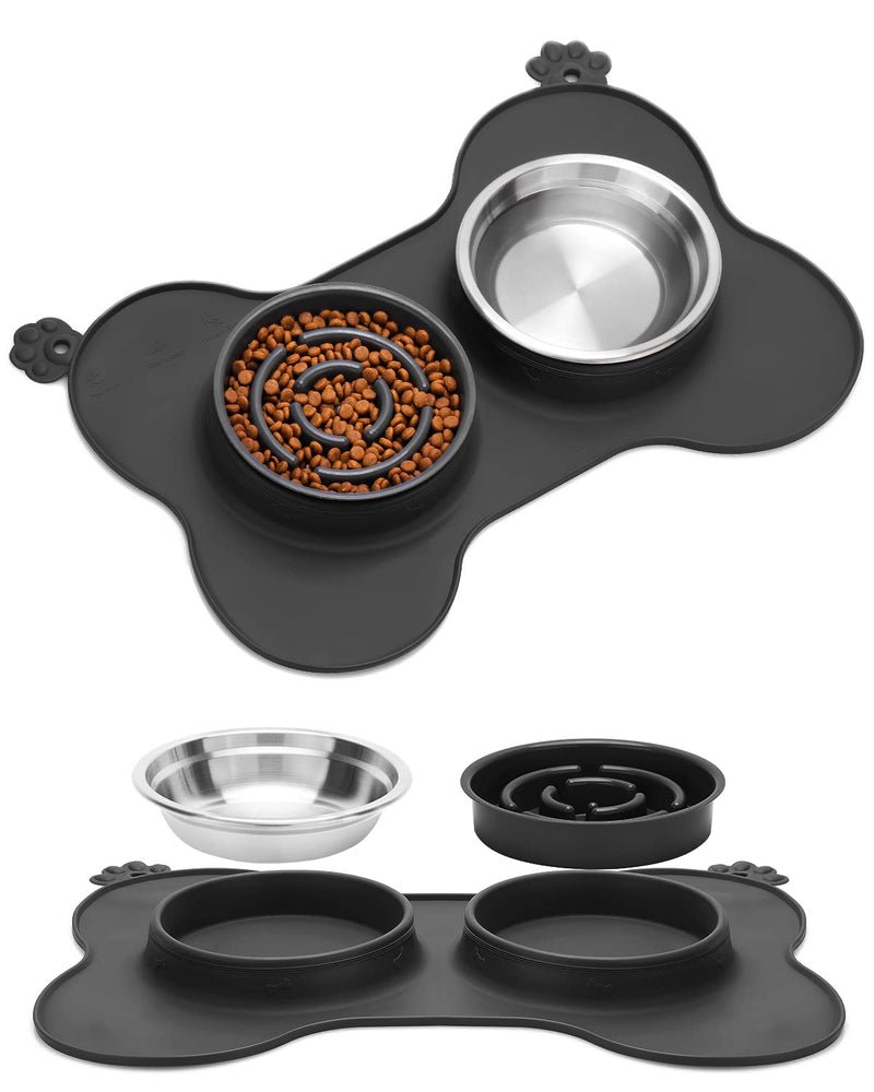 Topcovos Dog Food Bowl,3-in-1 Dog Bowl/Water Bowl&Slow Feeder Puppy Bowl with No Spill Non-Skid Silicone Mat, Dog Dish for Small/Medium/Large Pets Small(9oz) Black - PawsPlanet Australia