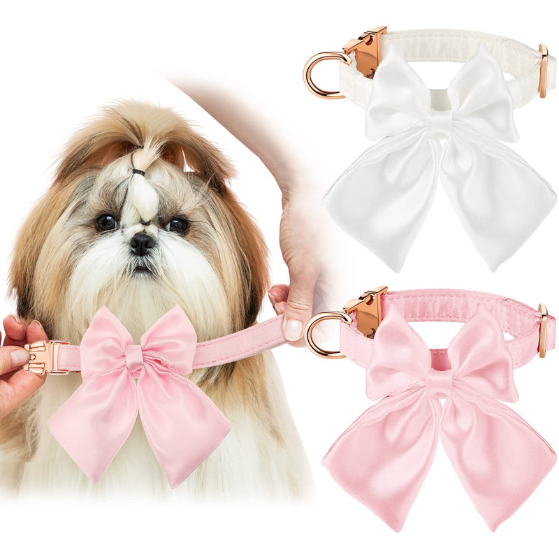 2 Pieces Satin Dog Collars Comfortable Cute Silk Dog Collar with Detachable Bow Tie Wedding Matching Dog Leash for Small Medium Dogs and Cats Girl or Boy Gift (Beige and Light Pink) - PawsPlanet Australia