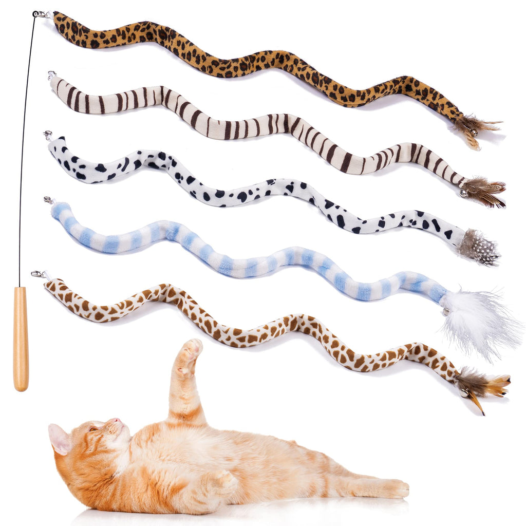 JXFUKAL Cat Wand Toys, Interactive Cat Toys with 5 Animal Pattern String with Feathers Refills, High-Stretch Steel Wire, Wood Handle & Bell for Kitty Kitten, Cat Toys for Indoor Cats Cat Teaser - PawsPlanet Australia