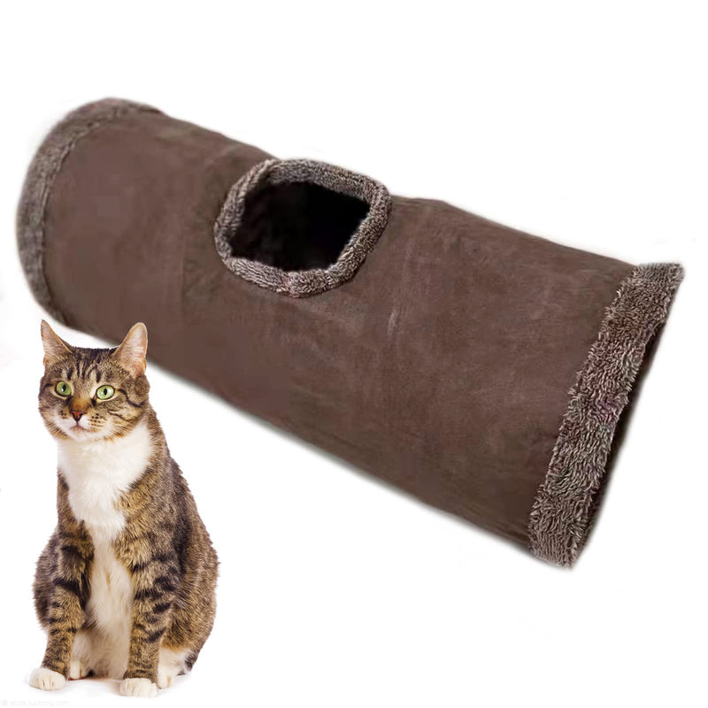 LeerKing 12 inch Collapsible Cat Tunnel Pet Toys Cat Play Tunnel Crinkle Tunnel with Ball Kitty Hideaway for Fat Cat Rabbits Puppy M (26.3"x 11.8") Brown - PawsPlanet Australia