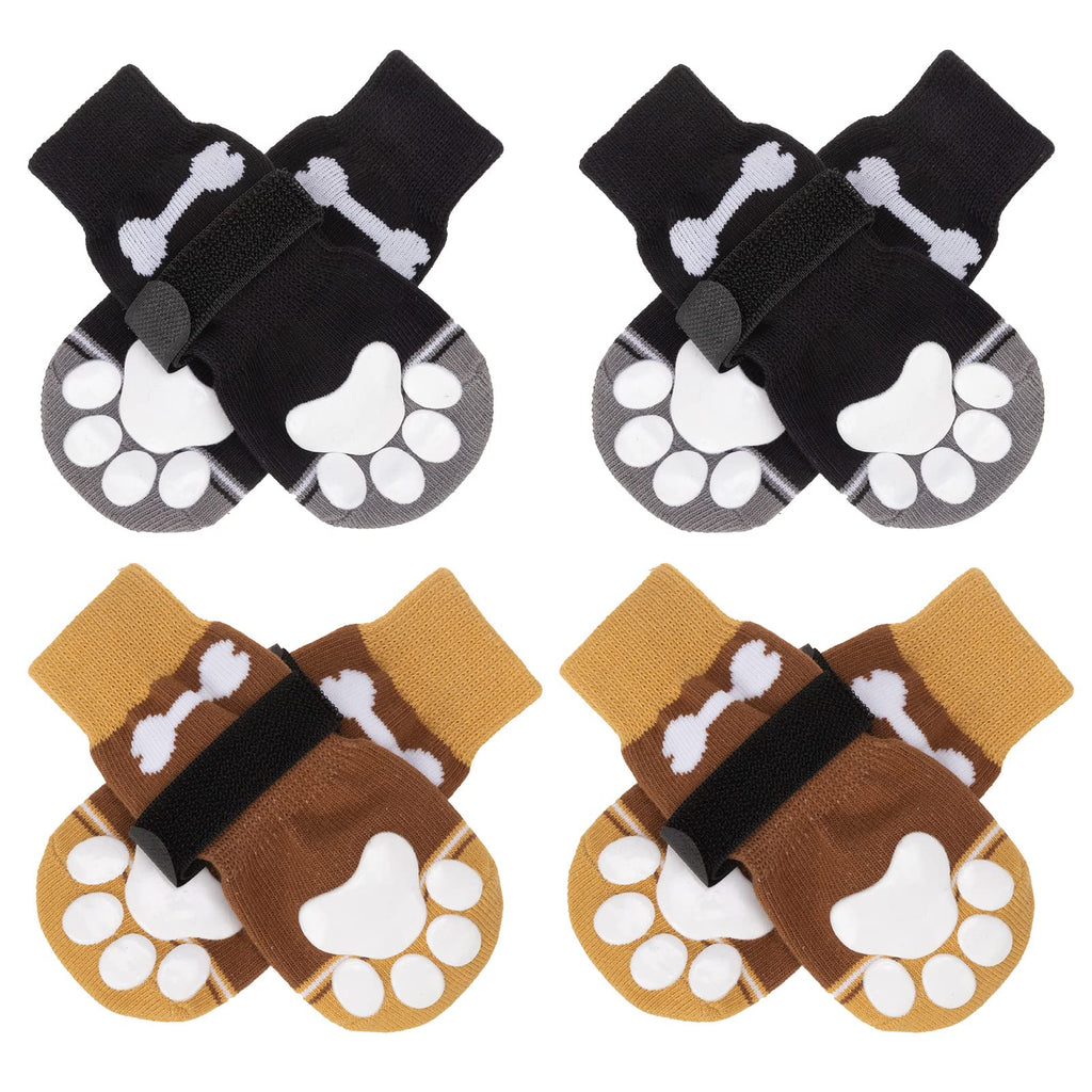 Double Side Anti-Slip Dog Socks - 4 Pairs Soft and Breathable Pet Paw Protectors with Adjustable Straps for Indoor on Hardwood Floor Wear Khaki+Black Medium - PawsPlanet Australia