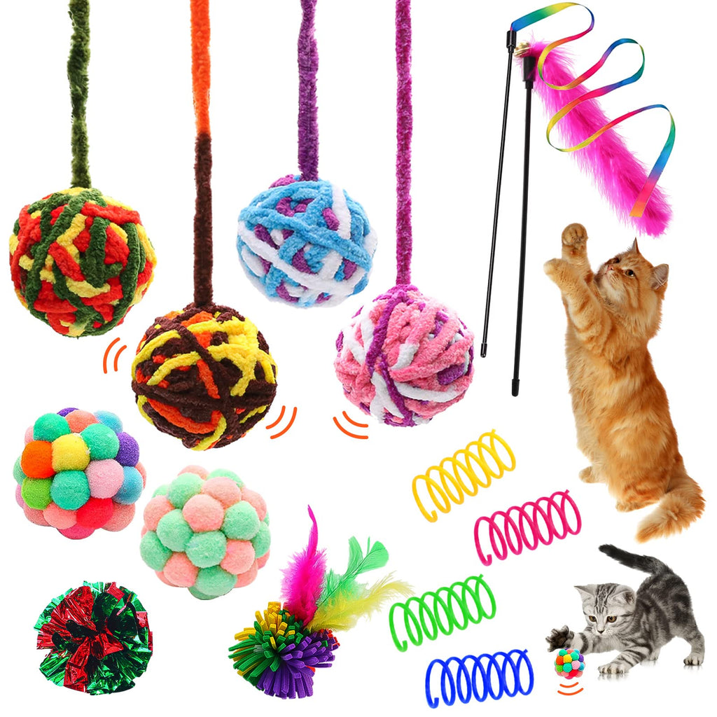 Cat Toys Ball，Woolen Yarn Cat Toy Balls with Bell Cat Kitty Wand Spring Toy and Fuzzy Balls, Cat Toys for Indoor Cats Interactive Cat Chew Toys for Kittens( 14 Pack ) - PawsPlanet Australia