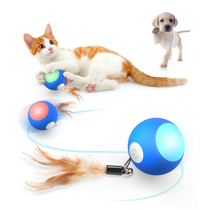 Interactive Cat Toy Ball Automatic Moving Ball Cat Toy with 3 Feathers & Bells and RGB LED Lights, USB Rechargeable Self Rolling Ball Cat Toys for Indoor Cats Kitten Small Dogs Blue - PawsPlanet Australia
