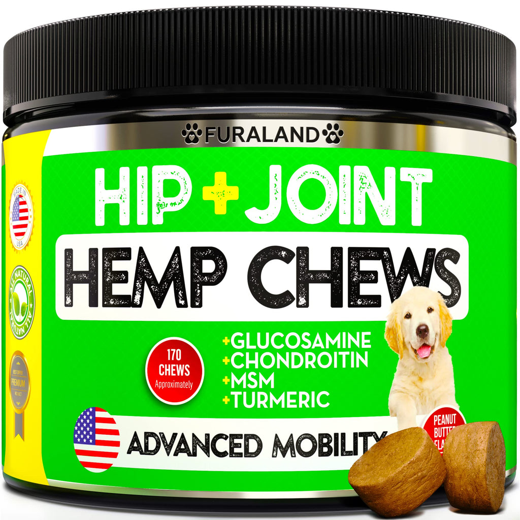 FURALAND Hemp Hip and Joint Supplement for Dogs - Glucosamine, Chondroitin, Hemp Oil, MSM - Mobility & Flexibility Support - Advanced Joint Health, Pain Relief - Made in USA - 170 Soft Chews - PawsPlanet Australia