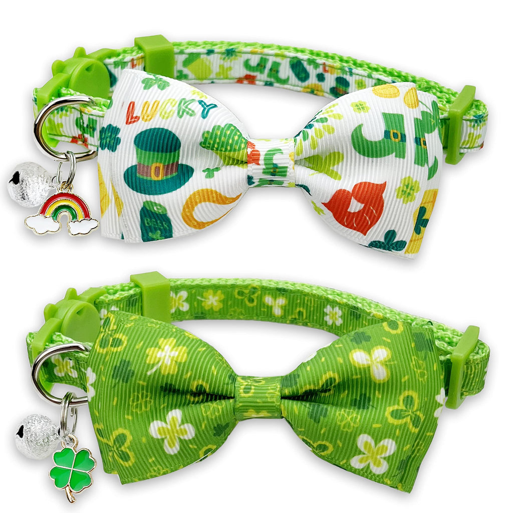 Pohshido 2 Pack St. Patrick Day Cat Collar with Bow Tie,Holiday Kitty Kitten Collar with Bell for Male Female Boys and Girls Luckyclover - PawsPlanet Australia