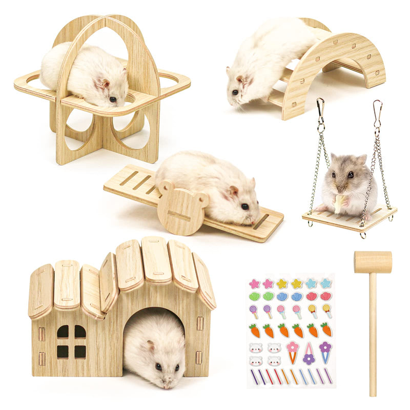 Omawrf Dwarf Hamsters House DIY Wooden Gerbil Hideout Bridge Swing and Chinchilla Seesaw, Pet Sport Exercise Toys Set, Sugar Glider Syrian Hamster Cage Accessories, Suitable for Small Animal H01 - PawsPlanet Australia