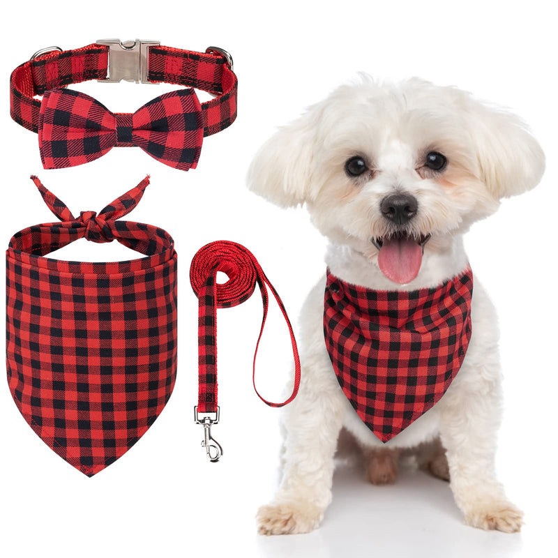 Bow Tie Dog Collar and Bandana Leash Set - Adjustable Quick Release Dog Collars Soft Comfortable Classic Plaid Floral Pattern Collar Scarf Pet Gift for for Small Medium Dogs and Cats S: Neck 10"-16" Black/Red - PawsPlanet Australia