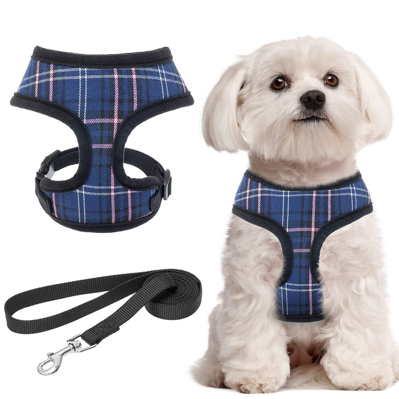 KOOLTAIL Puppy Harness and Leash Set - Soft Mesh Plaid Adjustable & Comfortable No Pull Padded Vest Harness for Small Medium Dogs XS(Neck 9.5"; Chest 11.25"-15") Blue - PawsPlanet Australia