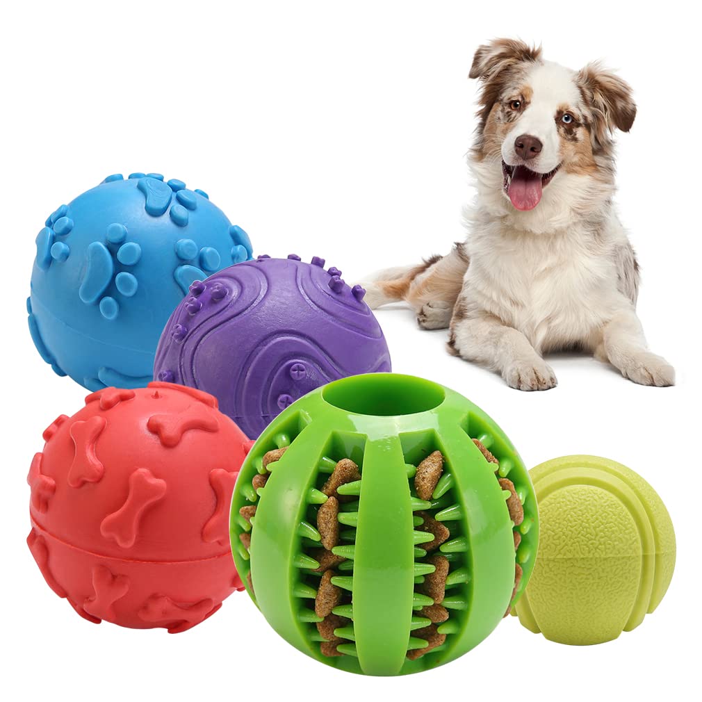 Interactive Dog Toys Ball - 5 Pack Different Functions Rubber Balls - Dog Squeaky Balls, Durable Dog Chew Ball, Dog Treat Ball Food Dispensing Toy for Teething, Fit for Small Medium Large Dogs S/M Green - PawsPlanet Australia