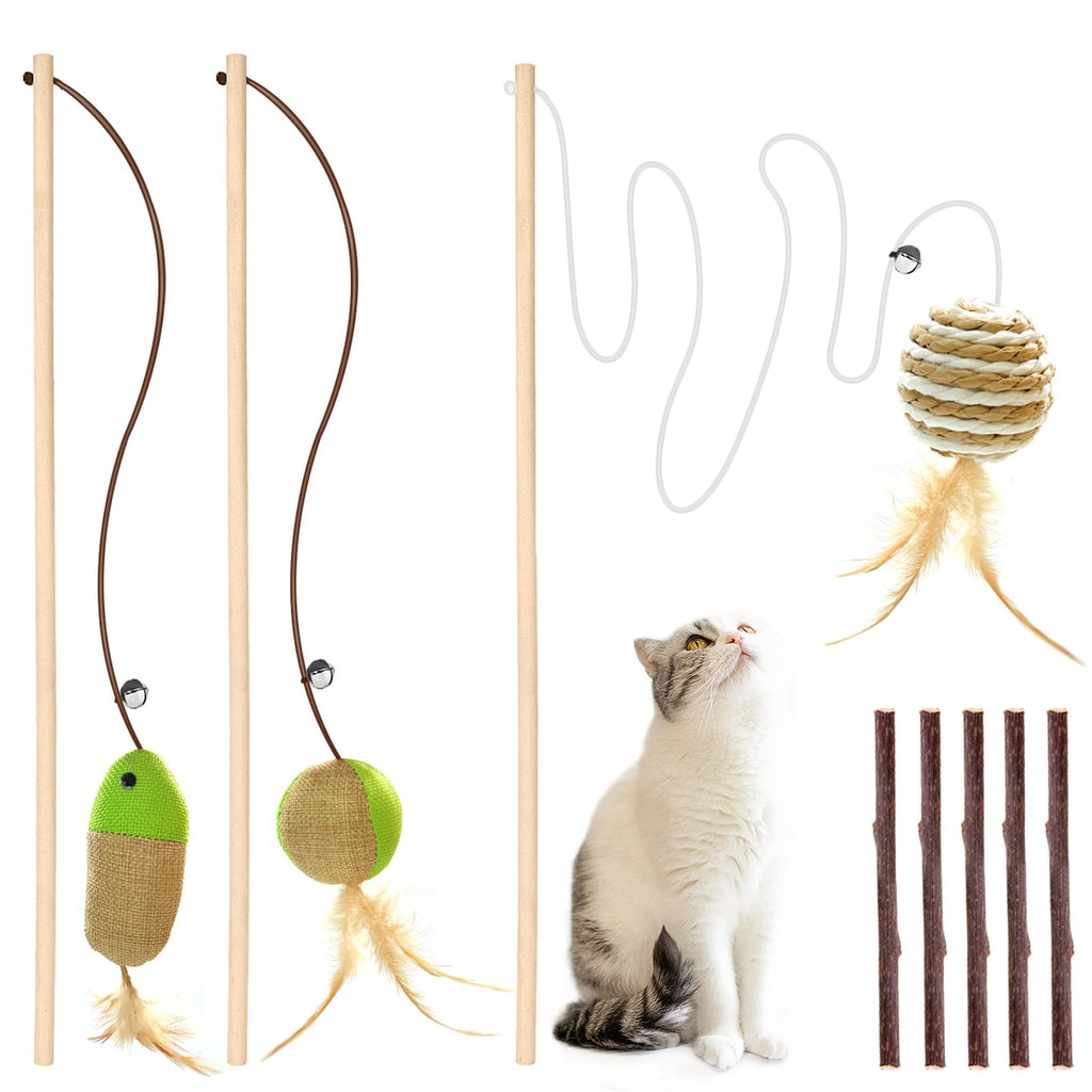 3 PCS Cat Wand Toys, Denvdency 16 Inch Natural Wooden Cat Teaser Toys with 5 PCS Silvervine Sticks for Cat, Interactive Cat Stick Toy for Indoor Cats, Elastic String Cat Pole Toy with Bell, Feather - PawsPlanet Australia