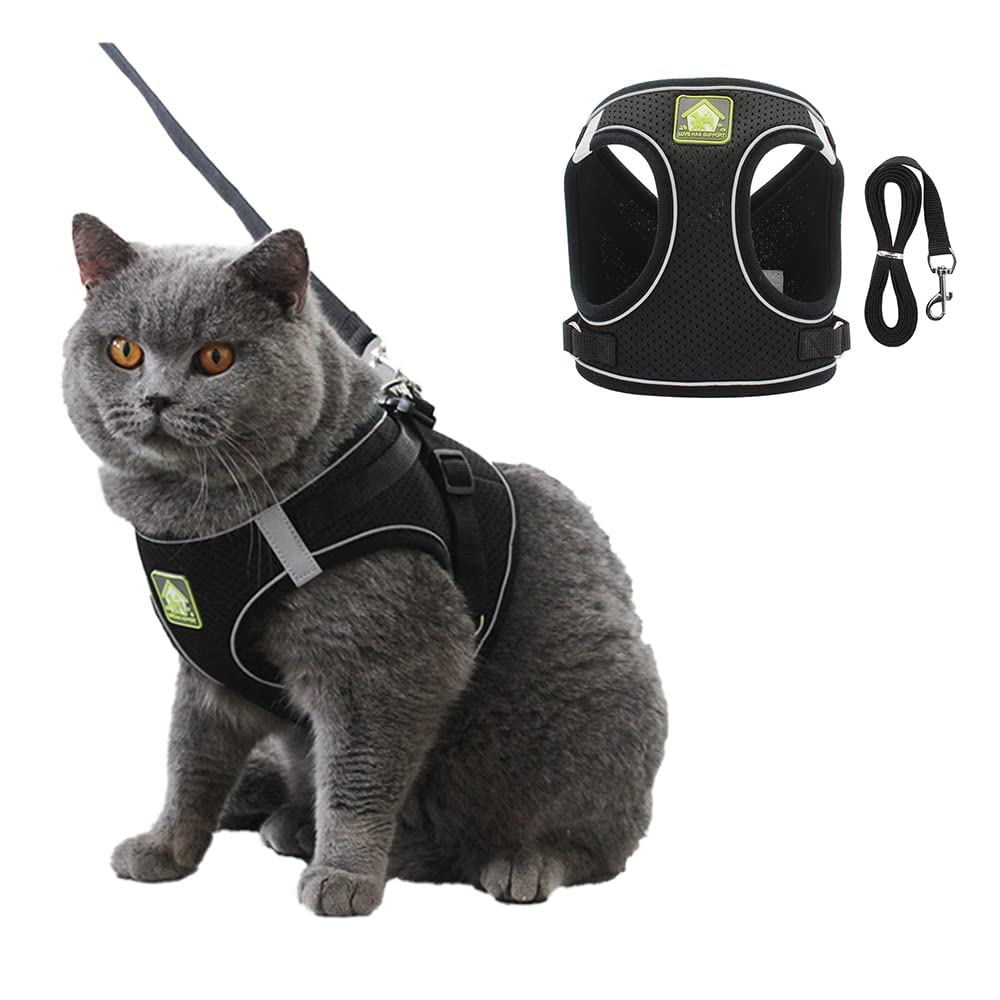 Cat Harness Leashes Tow Rope Polyester mesh Breathable Straps for Escape、Cat Vest Harness with Reflective Strap XS Black - PawsPlanet Australia