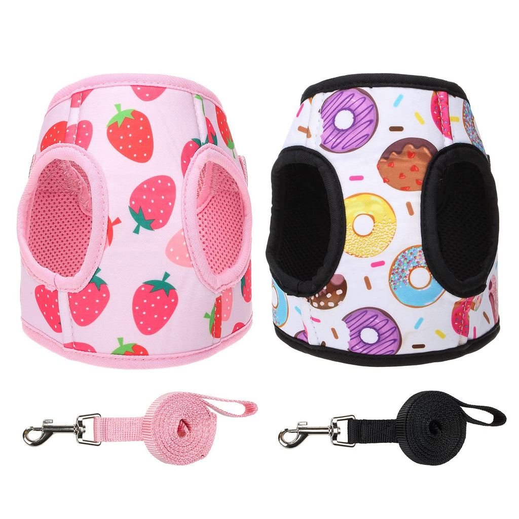 Dog Harness with Leash Set, 2 Pack Adjustable Dog Harness with Safety Snap Buckle, Breathable Harness with Hook and Loop Strap, Durable Nylon Dog Leash, Suitable for Small Medium Dogs and Cats Strawberries & Donuts - PawsPlanet Australia