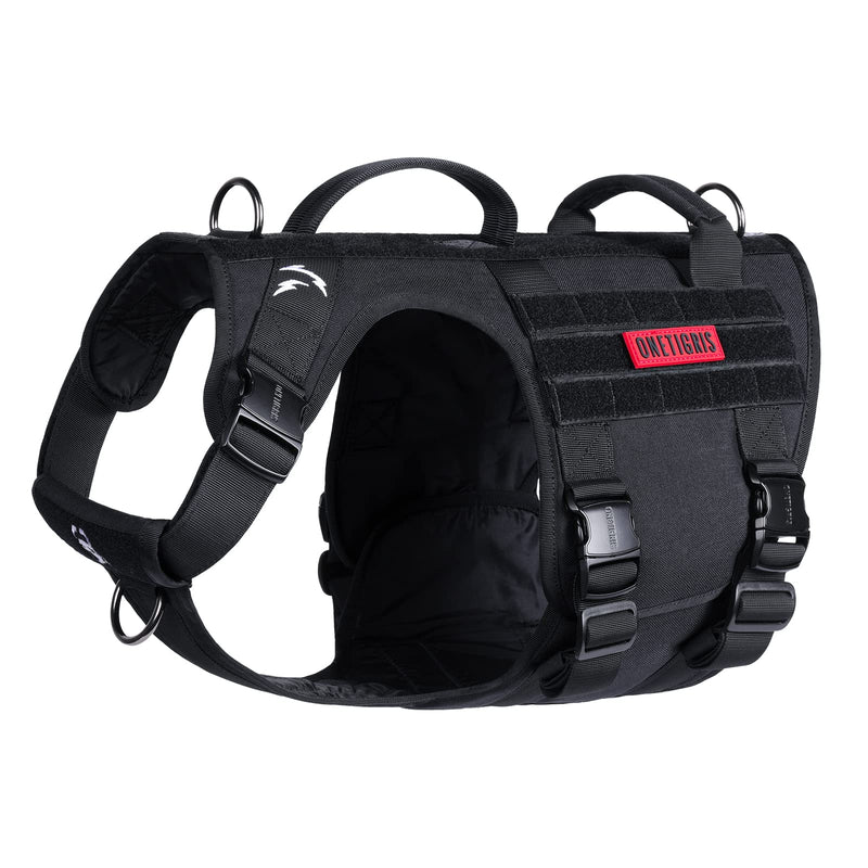 OneTigris Full Metal Buckled Tactical Dog Harness for Large Dogs No Pull Dog Harness Vest with Hook & Loop Panels, Military Adjustable Easy to Put On Dog Vest Dog for Walking Hiking Training Black Medium - PawsPlanet Australia
