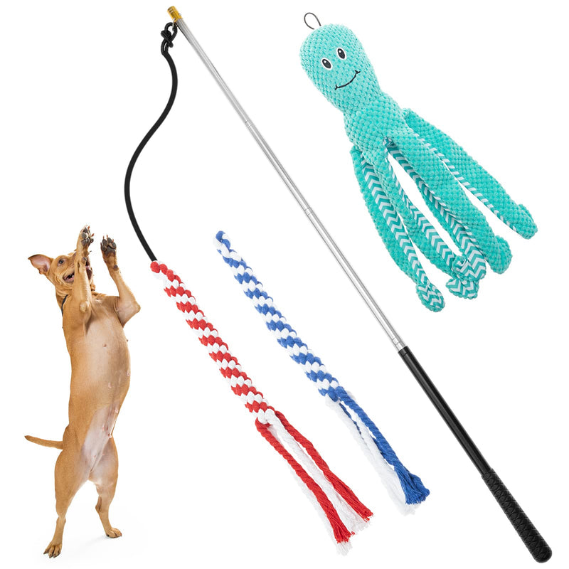 EXPAWLORER Extendable Dog Flirt Pole for Training & Chasing - Interactive Retractable Puppy Teaser Wand with 1 Plush Squeaky Octopus Dog Toy and 2 Dog Rope Toys Green - PawsPlanet Australia