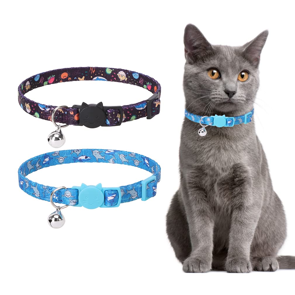 2 Pack Breakaway Cat Collar with Bell, Cartoon Pattern Cat Collar with Quick Release Buckle, Basic cat Collar for Cats, Small Medium Dogs, and Puppy Marine Pattern - PawsPlanet Australia