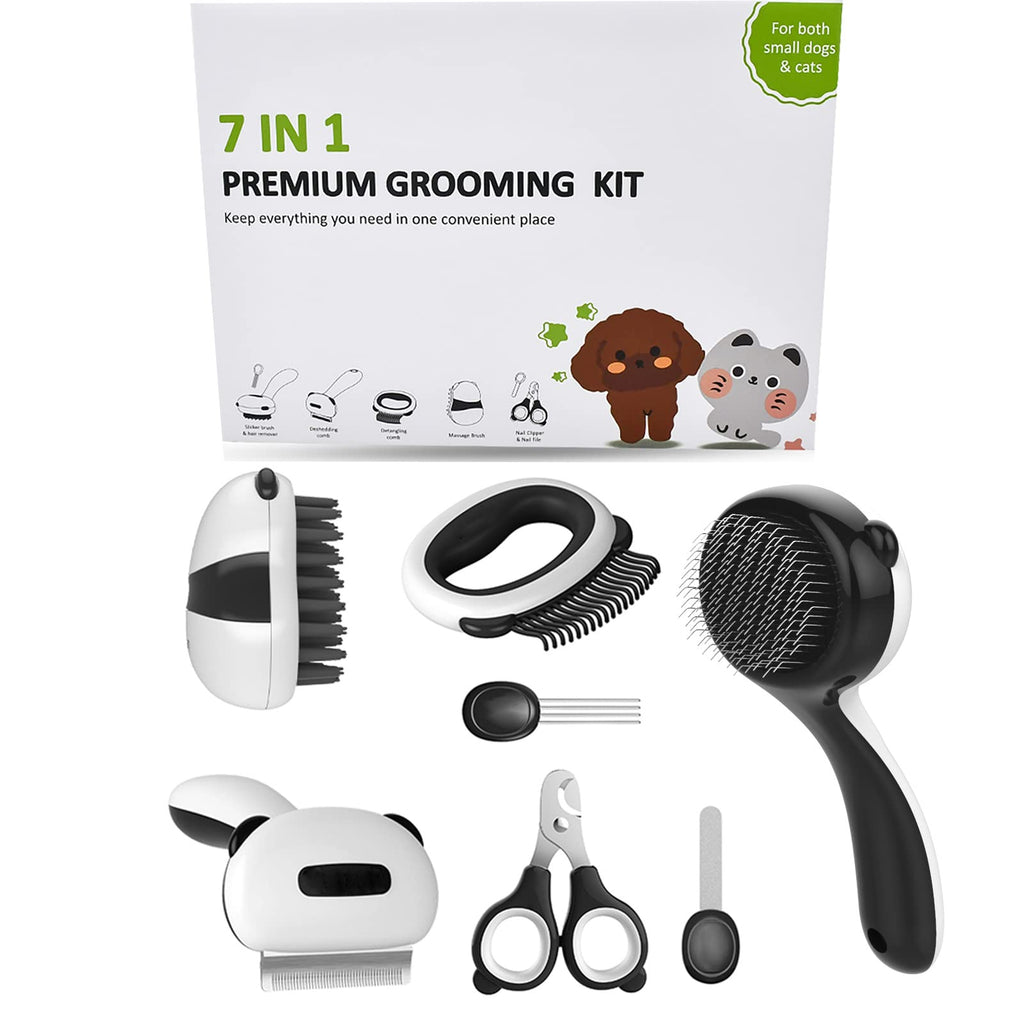 JOYPWAS - Pet 7 In 1 Premium Dog Brush Set - Cute Panda Shaped, Dog & Cat Grooming Brushes - Deshedding Comb, Massage Brush, Slicker Brush, Hair Removal Accessory, Detangle Comb, Nail Clipper, Nail Trimmer - PawsPlanet Australia