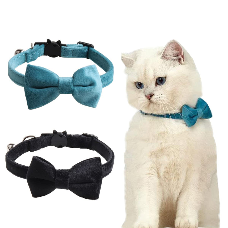 2 Pack Breakaway Cat Collars with Bell and Bowtie Comfortable Velvet Cat Collar with Cute Safety Buckle Adjustable Pet Collar for Kitty Kitten Puppy Neck Accessories for Daily Wearing Kitten One Size Black & Blue - PawsPlanet Australia