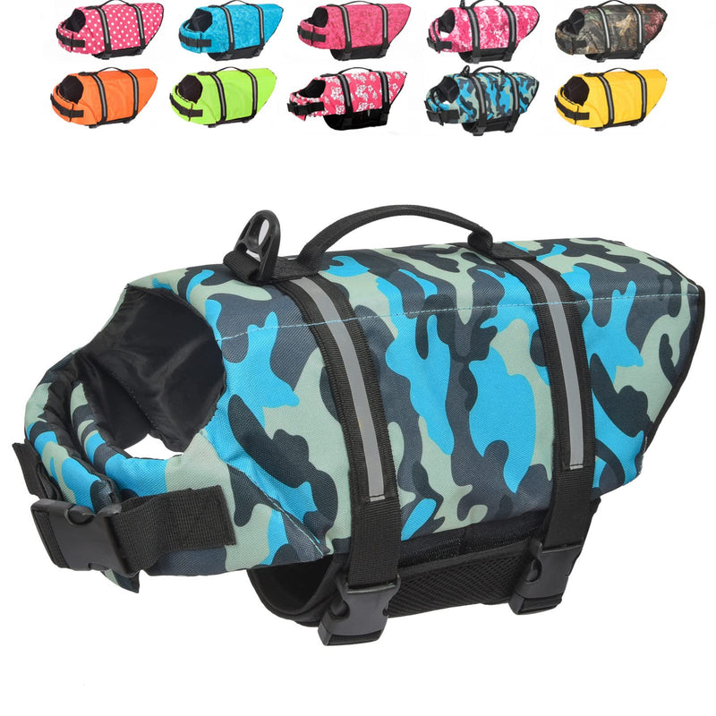 Doglay Dog Life Jacket, Dog Life Vest with Reflective Stripes, Adjustable Dog Lifesaver Pet Life Preserver with High Buoyancy Swimsuit for Small Medium and Large Dogs XX-Small Blue Camo - PawsPlanet Australia